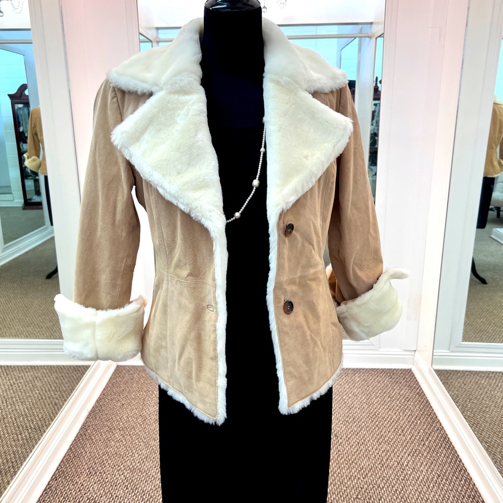 New York Classics Tan Suede GENUINE Leather Jacket with Faux Fur Collar and Cuff